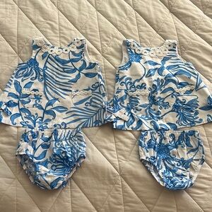 👶🏼👶🏼 Lilly Pulitzer TWIN Baby Lilly Glisten In The Sun sets w/bloomers 3-6MO
